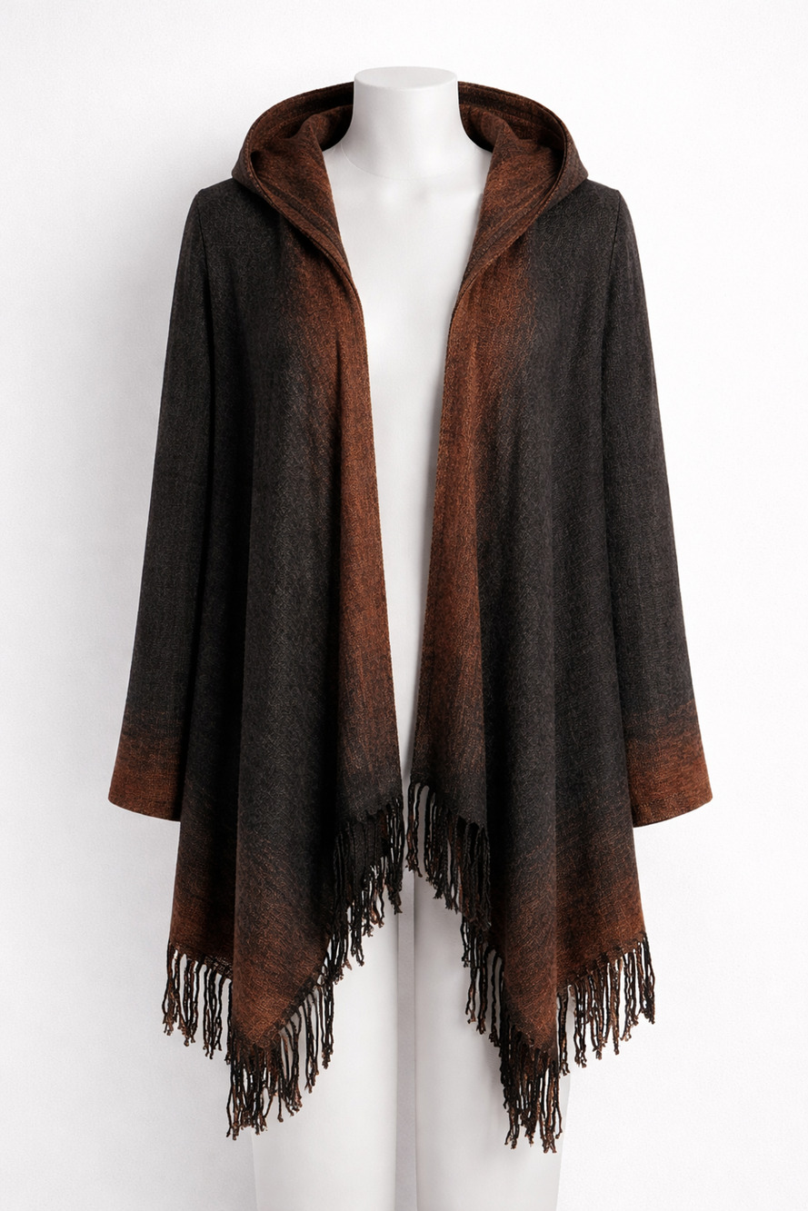 Anne French Womens Cardigan Sweater Hooded Marbled Earth Tones Layering Fringe